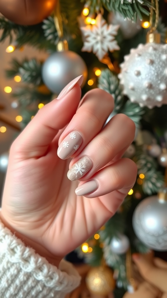 Elegant neutral Christmas nail art with snowflakes and glitter on a festive background.